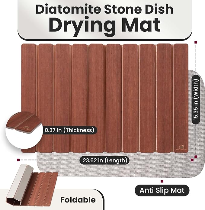 Large Stone Dish Drying Mat For Kitchen Counter | Non-Slip, Super Absorbent Diatomaceous Dish Dry Mat | Rollable Stone Drying Mat For Kitchen Counter, Heat-Resistant, Easy to Clean, Warm Walnut Color