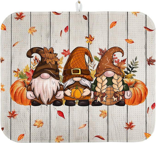 Fall Dish Drying Mat for Kitchen Counter 16x18 Inch, Super Absorbent Dish Drainer Mat, Decorative Microfiber Dishes Drying Pad-Small(Fall Gnomes)