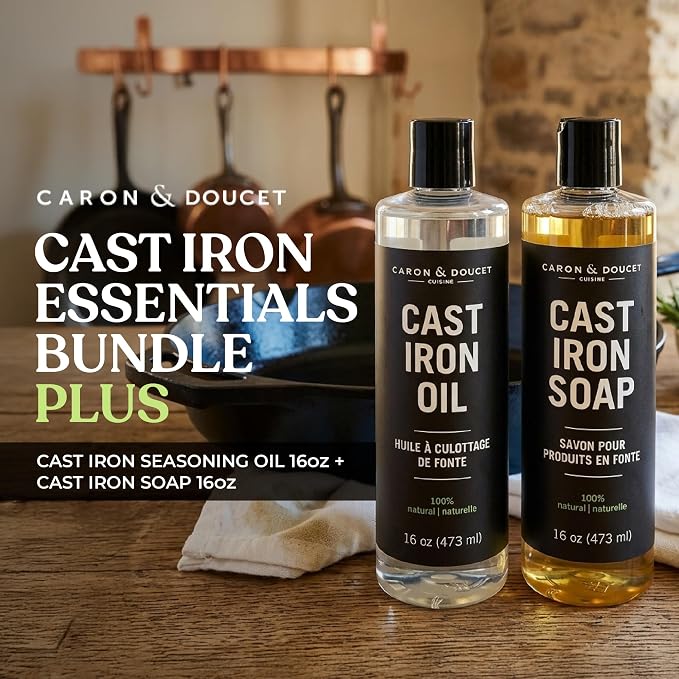 CARON & DOUCET - Cast Iron Cleaning & Conditioning Set PLUS: Seasoning Oil & Cleaning Soap | 100% Plant-Based | Best for Washing, Restoring & Seasoning Cast Iron Skillets, Pans & Grills - 16oz Each