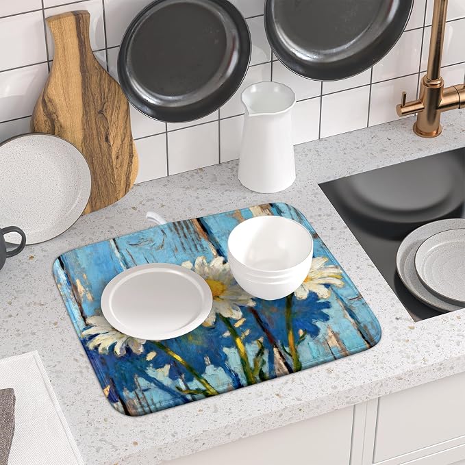 Daisy Dish Drying Mat Small for Kitchen Counter 16x18, Spring Summer Cute Flower Decorative Absorbent Reversible Microfiber Kitchen Countertop Protector Dishes Drainer Pad