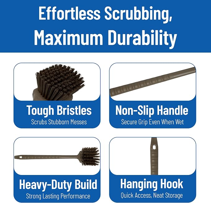 SPARTA 20" Floater Scrub Brush with Long Handle, Oil-Resistant Polyester Bristles, Multiple Trim Angles, Foam-Injected Polymer Block, Commercial Cleaning Tool, Brown