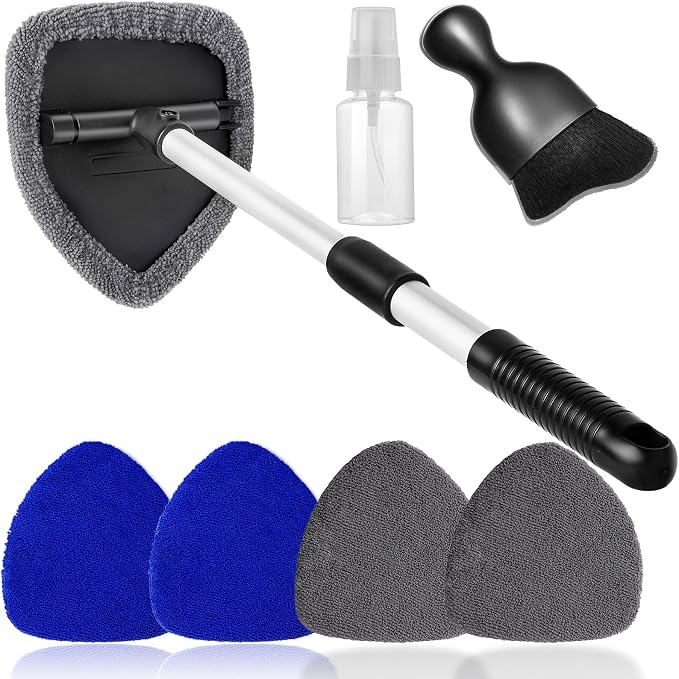 Qydipclin 7pcs Windshield Cleaner Tool Car Window Cleaning Wash Kit with 4 Reusable Microfiber Pads 1 Spray Bottle and Extendable Handle Auto Glass Wiper Kit, Blue&Gray