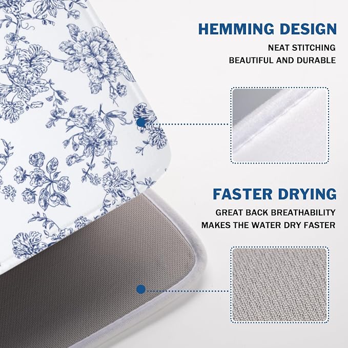 Blue Floral Dish Drying Mat for Kitchen Counter Chinoiserie Flower Microfiber Dish Drainer Mat Vintage Rustic Elegant Absorbent Washable Drying Pad Extra Large 18"x24"
