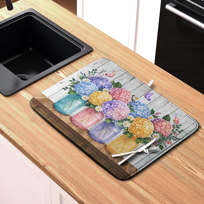 Hydrangea Dish Drying Mat for Kitchen Counter Spring Summer Floral Vases dish mat Microfiber Absorbent Dish Drainer Pad Rustic Farmhouse Floral Wooden Board Dish Draining Mats 18x24 Inch