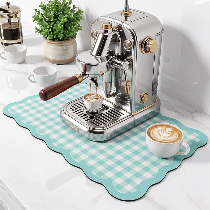 Scalloped Gingham Coffee Mat 12" x 20" Absorbent Coffee Bar Mat Gingham Espresso Matt for Counter(Blue)
