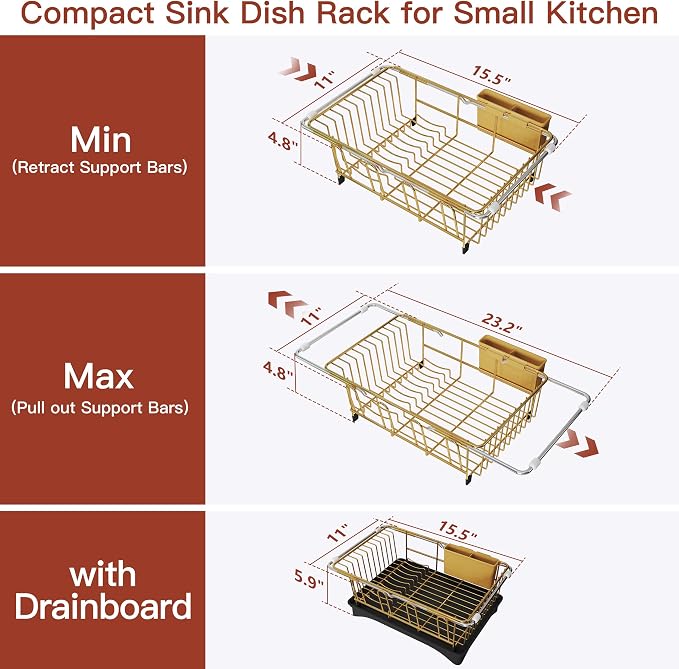 JASIWAY Gold Dish Drying Rack in Sink, Expandable Stainless Steel Dish Drainers with Drainboard for Kitchen Counter, Space Saving Dish Dryer Rack, Over The Sink Dish Racks with Utensil Holder