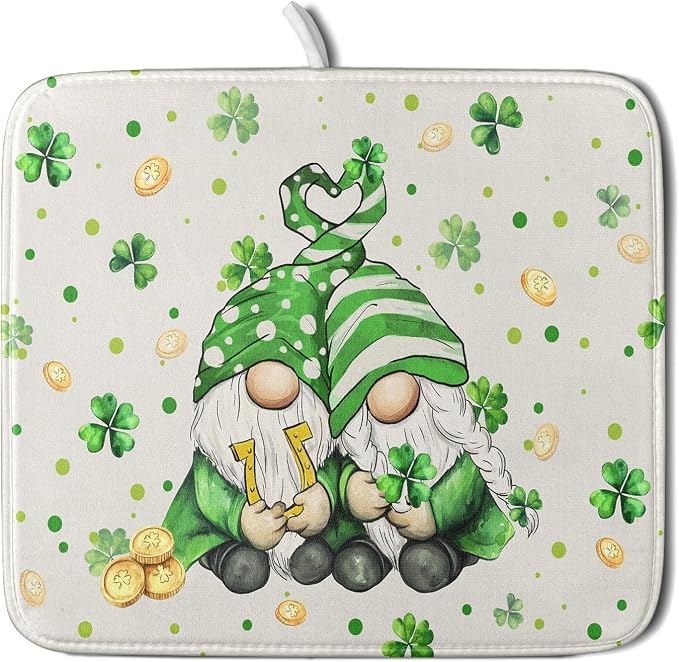 St Patrick's Day Gnome Dish Drying Mat 16x18 inch Lucky Shamrock Absorbent Reversible Dishes Drainer Rack Mat for Coffee Bar Kitchen Decor