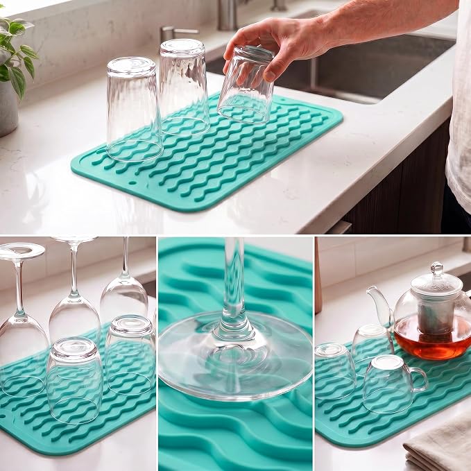 MicoYang Silicone Dish Drying Mat for Multiple Usage,Easy clean,Eco-friendly,Heat-resistant Silicone Mat for Kitchen Counter or Sink,Refrigerator or Drawer Liner Mint S 12 inches x 6 inches
