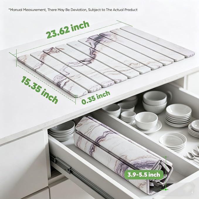 Stone Drying Mat for Kitchen Counter, Quick Diatomaceous Earth Mats for Dishes, 24"L x 16" W Super Absorbent Fast-Drying Collapsible Countertop Stone Mat (Marble White-06, 24" x 16")