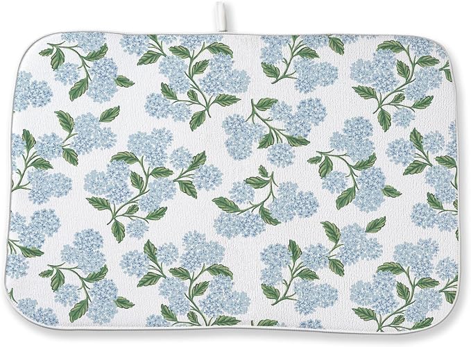 Blue Sage Green Hydrangea Dish Drying Mats 18x24 Inch Floral Mats Spring Holiday Kitchen Decor Absorbent Drying Dish Pad Rack Drainer Mats for Kitchen Dining Room