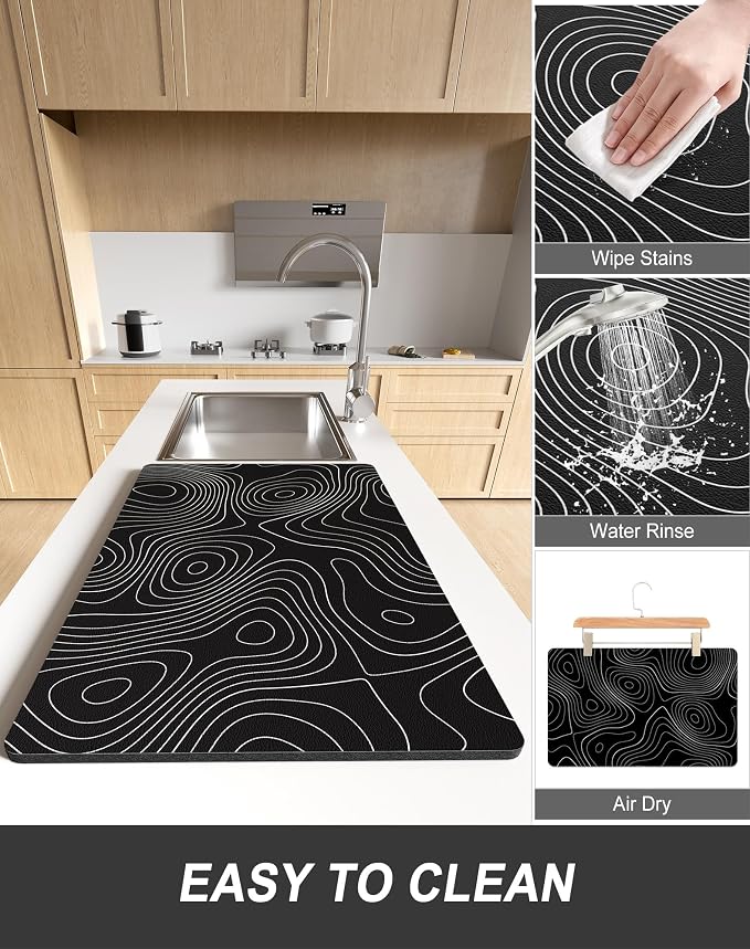 Rnivvi Dish Drying Mat for Kitchen Counter, XL 15 x 24" Cute Marble Super Absorbent Draining Pad, Non-Slip Heat Resistant Coffee Bar Mats for Coffee Machine Station Accessories, Line Art Dish Rack Pad