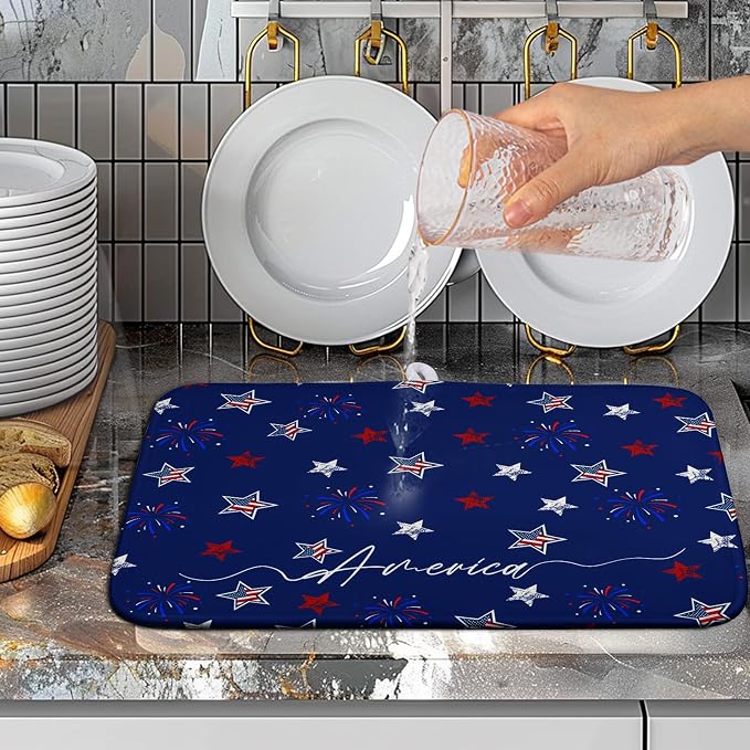 4th of July Dish Drying Mat America Stars Fireworks Blue Drying Mat 16x18 Inch Patriotic Memorial Independence Day Microfiber Absorbent Dish Drainer Rack Mats for Kitchen Counter