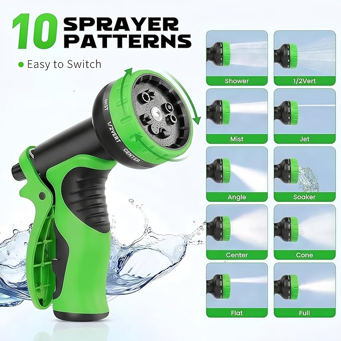 Garden Hose Nozzle with 10 Spray Patterns – High Pressure Water Sprayer for Car Washing, Pet Bathing & Lawn Care with Lock Feature & Comfort Grip – Fits All 3/4" Standard Hoses Thread