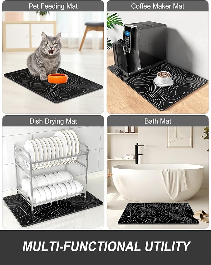 Rnivvi Dish Drying Mat for Kitchen Counter, XL 15 x 24" Cute Marble Super Absorbent Draining Pad, Non-Slip Heat Resistant Coffee Bar Mats for Coffee Machine Station Accessories, Line Art Dish Rack Pad