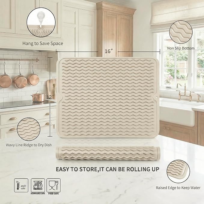 MicoYang Silicone Dish Drying Mat — Quick-Dry Ridges Counter & Sink Pad, Heat-Resistant Trivet to 450°F, Non-Slip & Dishwasher Safe, Roll-Up Storage, 18 Colors & 9 Sizes (Tapioca, 16"×12")