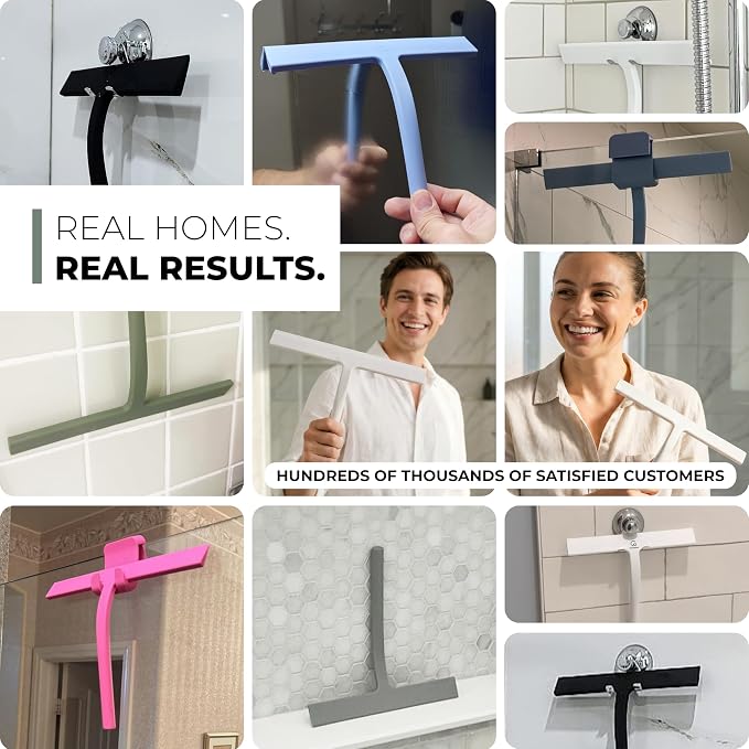 GÜTEWERK Silicone Shower Squeegee for Glass Doors & Mirrors with Stainless Steel Core, Streak-Free & No-Squeak Window Cleaning, 3-in-1 No-Drill Mount (Hook/Suction/Adhesive),Black, 15 Inches