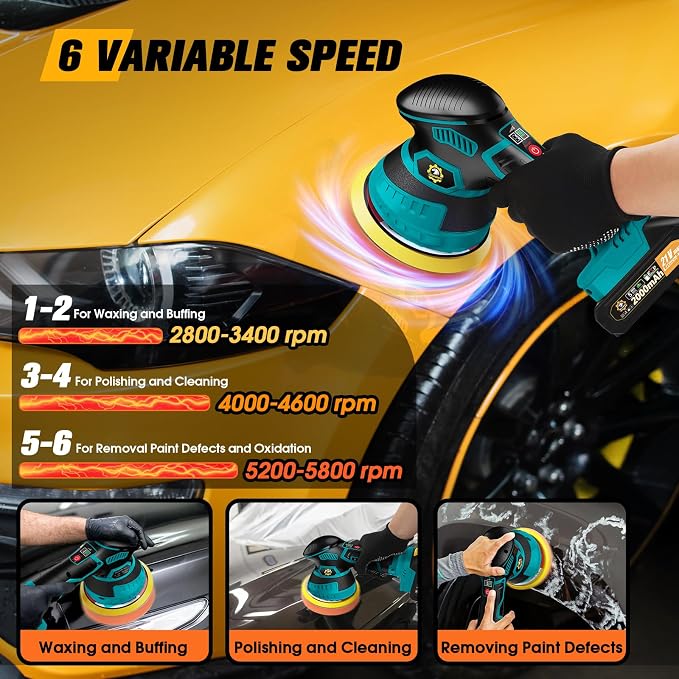 Cordless Car Buffer Polisher kit, DA Polisher with 2*21V Batteries | 2x 21V 2000mAh Batteries, 6-speed, LED Display, Random Orbital, 18 pcs Assorted Polishing Pads for Car Detailing-Blue