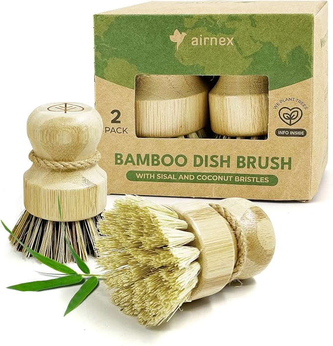 AIRNEX Bamboo Dish Brush Set of 2 - Natural Wooden Dish Scrubber with Sisal & Coconut Bristles - Plastic Free Kitchen Scrub Brush for Dishes, Sink, Pots & Pans - Non Scratch Kitchen Dish Brush