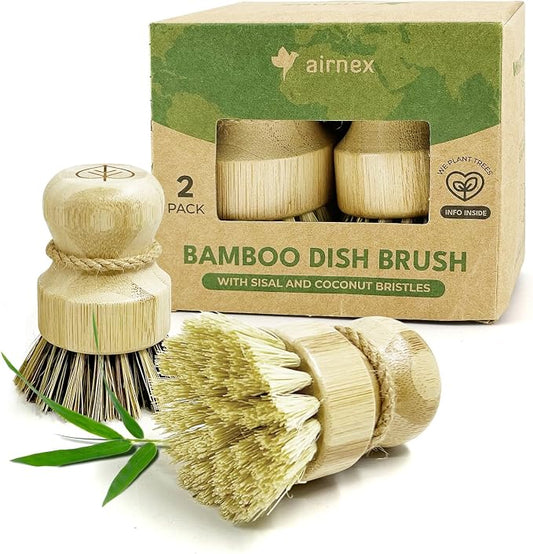 AIRNEX Bamboo Dish Brush Set of 2 - Natural Wooden Dish Scrubber with Sisal & Coconut Bristles - Plastic Free Kitchen Scrub Brush for Dishes, Sink, Pots & Pans - Non Scratch Kitchen Dish Brush