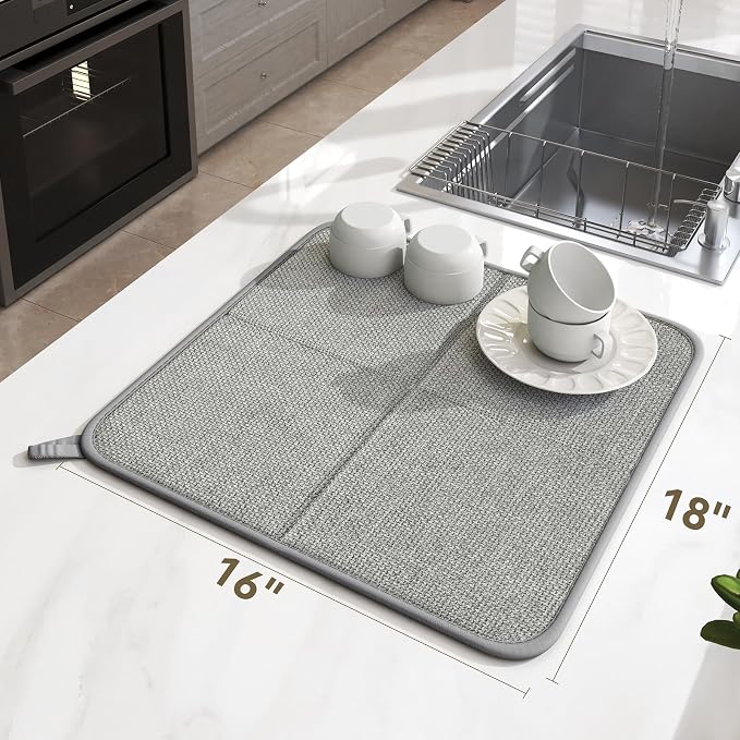 YDKGL Dish Drying Mat for Kitchen Counter, Ultra Absorbent & Fast Drying Dish Mat Machine Washable Foldable Drying Pad for Countertops, Sinks, Draining Racks, Grey