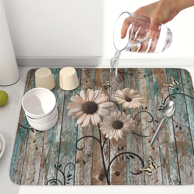 Vintage Daisy Floral Wooden Board Dish Drying Mat 18x24 Inch | Rustic，Polyester，Absorbent Microfiber，for Kitchen Coffee Dining Bar Decor