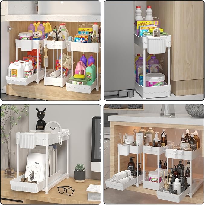 Sevenblue 3-Pack 2-Tier Under Sink Organizers with Sliding Drawers | Multi-use kitchen & bathroom storage, 12.8 inch white cabinet organizer, space-saving sliding drawer design.