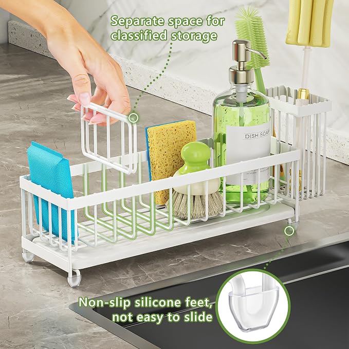 Cisily Extra Large Sink Caddy Organizer with Drying Stone, White Sponge Holder for Kitchen, Dish Brush Holder for Countertop, Kitchen Decor Storage and Essentials