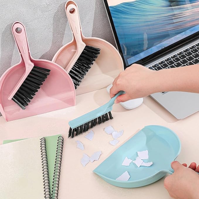 Sliner 18 Pack Mini Dustpan Brush Set Small Broom Set Bulk,Blue, Pink,Beige | Nesting Snap Plastic Dust Pans with Brush, Small, Handheld, Portable, Cleaning, Suitable for Desktop Pets Care Camping