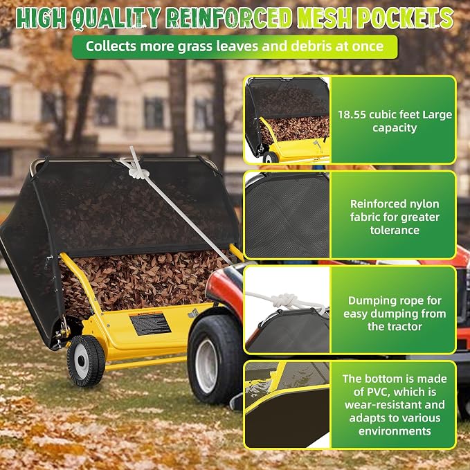 42" Lawn Sweeper Tow Behind, Pull Behind Lawn Sweeper with 18.55 cu. ft Large Hopper, Heavy Duty Leaf & Grass Collector, Adjustable Brush Height Lever and Dumping Rope, Lawn and Yard Cleanup Tool