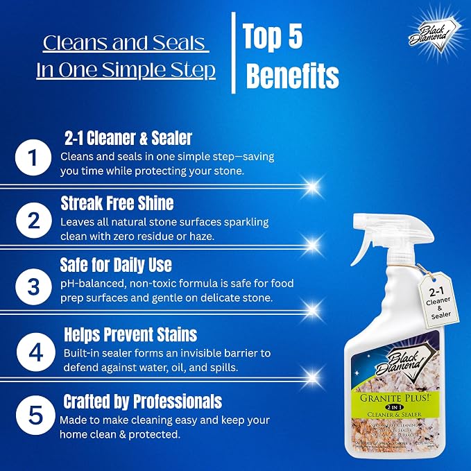 Black Diamond Stoneworks Granite Plus 2-in-1 Cleaner & Sealer, pH Neutral, Streak-Free Stone Cleaner for Granite, Marble, Quartz, Travertine & Limestone Countertops, Ready to Use (1-Gallon)