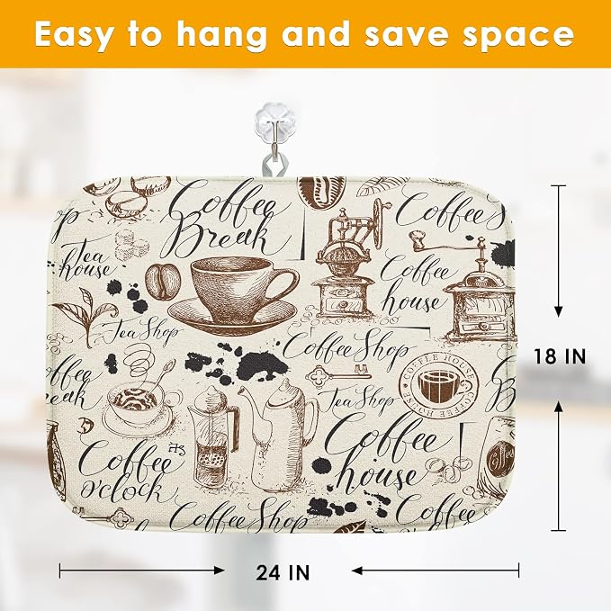 Sanwarm Absorbent Dish Drying Mat, Coffee House Microfiber Pad for Kitchen Counter, Coffee Bar Decor, Heat Resistant and Reversible, 18" x 24"