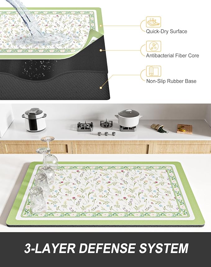 Rnivvi Dish Drying Mat for Kitchen Counter, XL 15 x 24" Cute Flower Theme Absorbent Draining Pad, Non-Slip Heat Resistant Coffee Bar Mat for Coffee Machine Station Accessories, Green Dish Rack Pad
