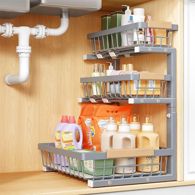 PXRACK Under Sink Organizer, 1-Pack 3-Tier Height Adjustable Thickened Metal Pull out Cabinet Organizer Shelf, Slide out Storage Drawer Rack for Bathroom Kitchen Pantry Home Organization, Grey