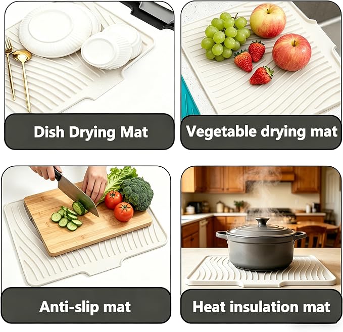 EBIGIC Silicone Dish Drying Mat,19.7"*17"Dish Drying Pad ,Kitchen Accessories,with Built-In and Non-Slip Drain,Easy Clean, Fit for Kitchen, Bar, RV, Refrigerator and Drawer Liner, Off White