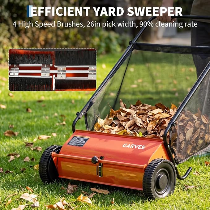 Push Lawn Sweeper 26Inch-Heavy Duty Walk Behind Leaf Collector and Yard Sweeper for Outdoor,Patio,Driveway,Garden Grass Sweepers,4 High Speed Spinning Brush,7 Cu. ft. Hopper Capacity | Yard Sweeper for Outdoor,Patio,Driveway,Garden Grass Sweepers,4 Hig...