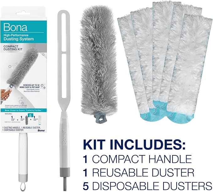 Bona High Performance Dusting System - 1 Compact Handle, 5 Disposable Dusters, & 1 Reusable Duster - Compact Dusting Kit Removes Dust & Pet Hair