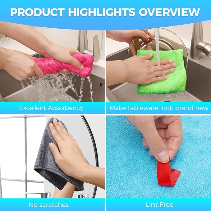 Forggon 15pcs Microfiber Cleaning Cloth Lint Free, Absorbent, Streak Free, Non-Abrasive, Reusable and Washable，Cleaning Towels with 5 Color Assorted,11.5"X11.5"(Green/Blue/Yellow/Pink/Grey)