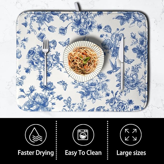 Dish Drying Mat for Kitchen Counter Blue and White Floral Drying Mats Chinoiserie Vintage Flowers Dish Drying Pad for Dishes Microfiber Absorbent Dish Drainer Rack Mat for Countertop 16x18 Inch