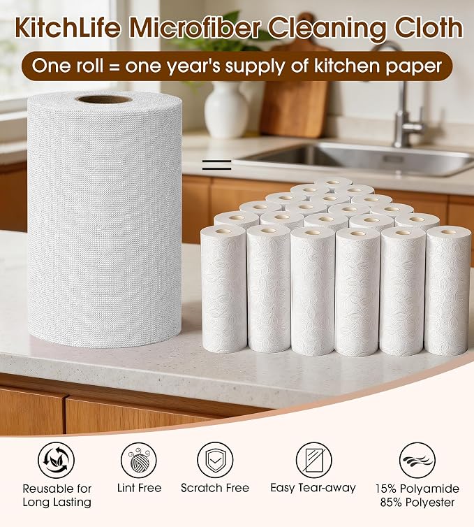 KitchLife Microfiber Cleaning Cloth Roll, 100 Pack - Tear-Away Microfiber Paper Towels, Lint-Free, Reusable, Washable for Kitchen, Car, Dishes, and Sensitive Surfaces (Light Gray)