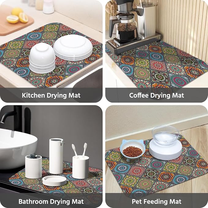 Dish Drying Mat for Kitchen Counter 18x24 Inch, Super Absorbent Dish Drainer Mat, Decorative Microfiber Dishes Drying Pad-Large(Plaid Boho)