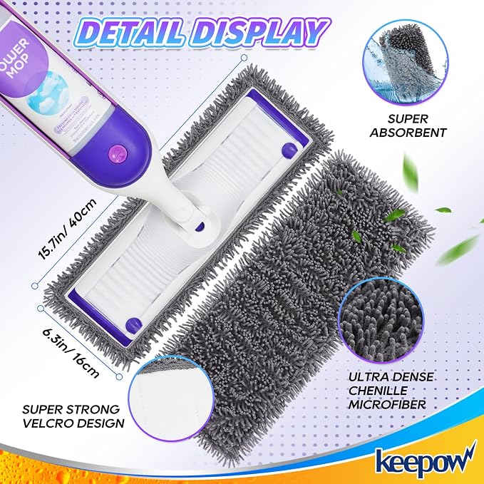 KEEPOW Reusable Microfiber Mop Pads for Swiffer PowerMop 2 Pack | Power Mop Pads Refills for 13 ''-15 '' Spray Mop, Machine Washable Pad Replacement for Multi-Surface Floor Cleaning