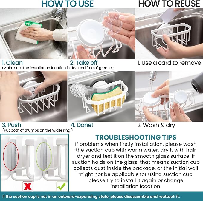 TAILI Sponge Holder for Kitchen Sink with Strong Suction Cup Removable, Rustproof Aluminum Sink Caddy for Sponge, Brush, Scrubber, Scraper -White