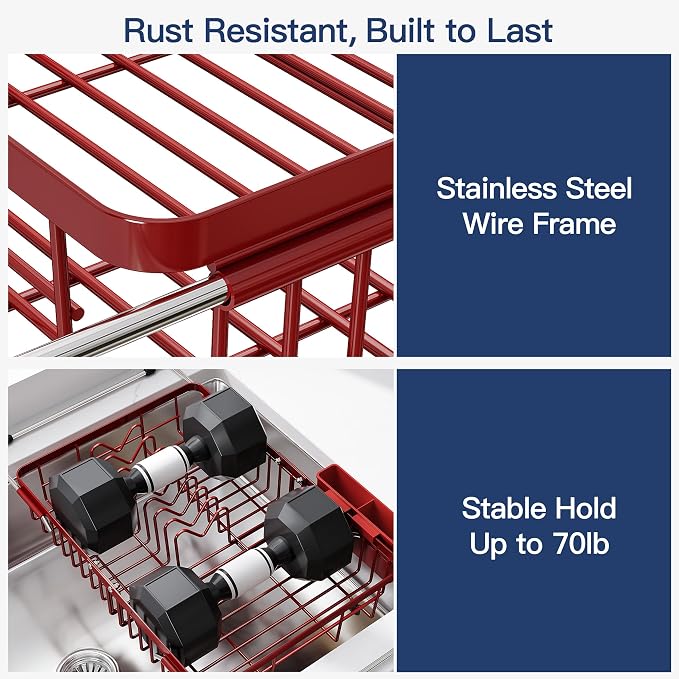 JASIWAY Expandable Stainless Steel Red Dish Drying Rack Over The Sink for Small Kitchen, Counter Space Saving Compact Plate Drainer Strainer, Adjustable Hanging Metal Dish Dryer with Utensil Holder