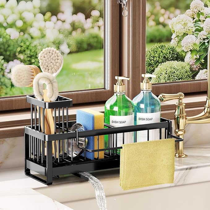 SWTYMIKI Sponge Holder for Kitchen Sink - Sink Caddy with Brush Holder Self-draining Sponge Caddy Organizer with Divider Stainless Steel Kitchen Accessories Storage for Countertop, Black - Large