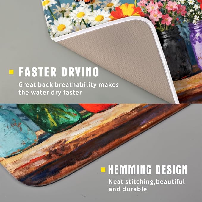 Floral Dish Drying Mat Small for Kitchen Counter 16x18, Spring Summer Farmhouse Decorative Absorbent Reversible Microfiber Kitchen Countertop Protector Dishes Drainer Pad