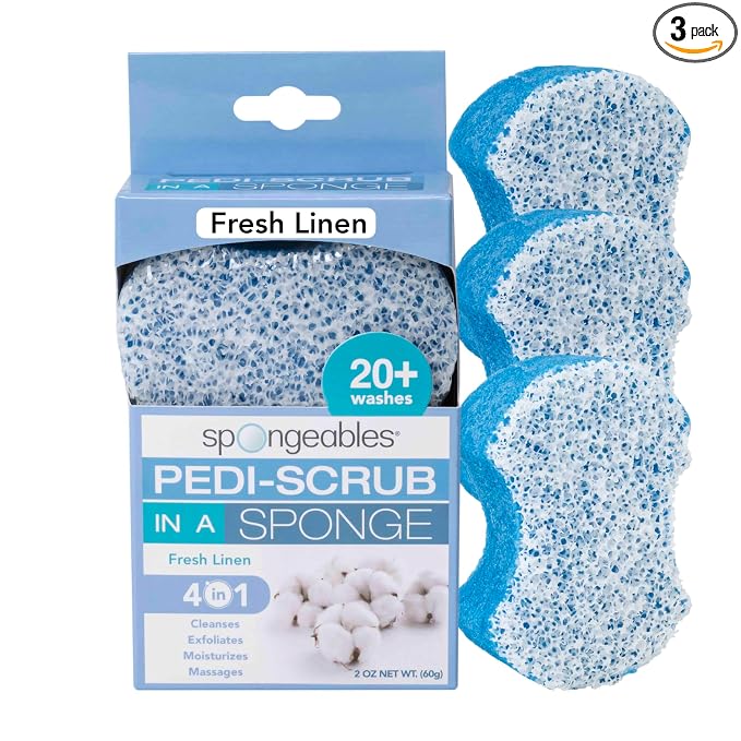 Spongeables Pedi Scrub Foot Exfoliating 20+ Wash Sponge, Fresh Linen, 3 Count