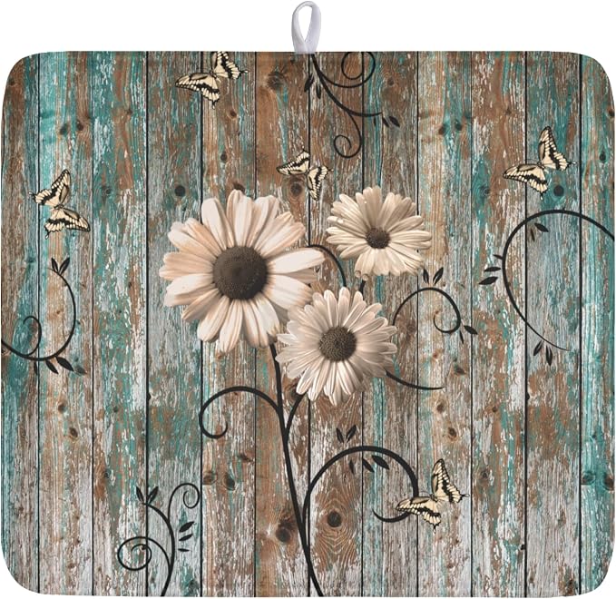 Vintage Daisy Floral Wooden Board Dish Drying Mat 16x18 Inch | Rustic，Polyester，Absorbent Microfiber，for Kitchen Coffee Dining Bar Decor
