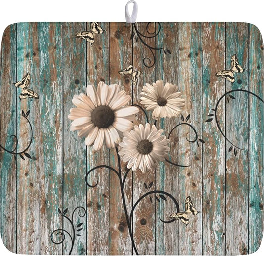 Vintage Daisy Floral Wooden Board Dish Drying Mat 16x18 Inch | Rustic，Polyester，Absorbent Microfiber，for Kitchen Coffee Dining Bar Decor