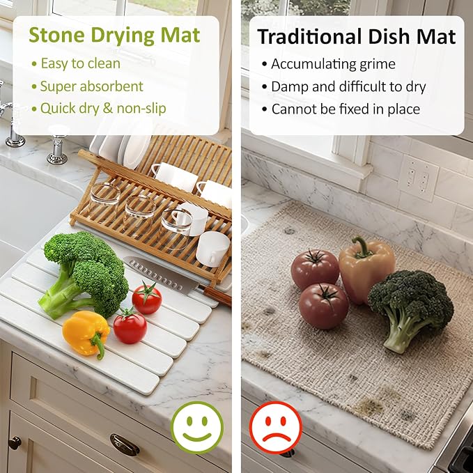 Large Stone Dish Drying Mat for Kitchen Counter, 24"(L)×16"(W), Collapsible Quick Dry Stone Dish Mats, Super Absorbent Diatomaceous Earth Drying Pad for Dishes Bottles Cups, Any Countertop (White)