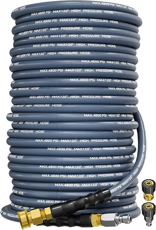 3/8" 4800PSI Pressure Washer Hose 200FT Swivel Quick Connect | Power Washer Hose for Cold/Hot Water Max 248°F, Kink Resistant Steel Wire Braided, Wear Resistant with M22 14mm Adapter